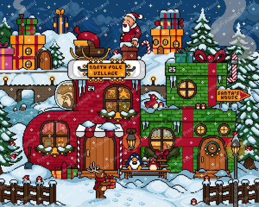 Pixel-style Christmas village with Santa, gifts, snowy houses, and festive North Pole scenery