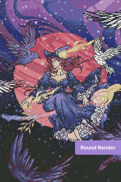 Fantasy witch surrounded by ravens in a purple celestial illustration with glowing gold accents