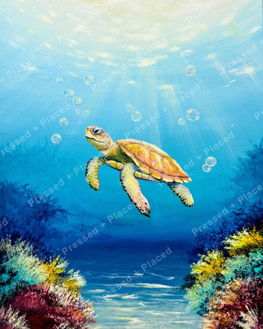 Sea turtle swimming in blue ocean with bubbles and colorful coral reefs