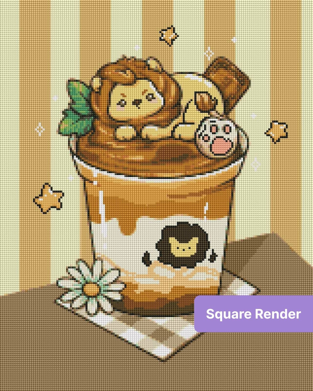 Cute lion cub dessert cup illustration with warm brown tones, stars, and a daisy