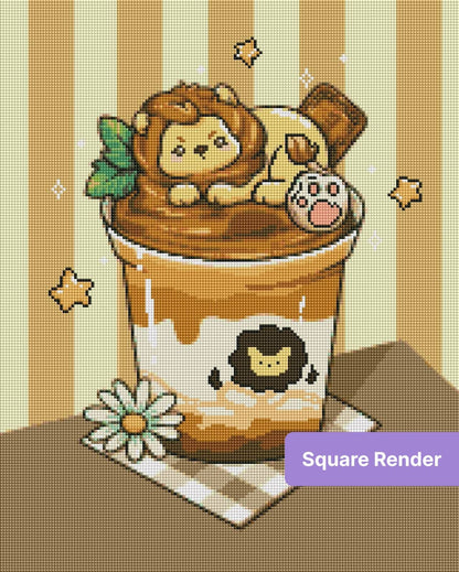 Cute lion cub dessert cup illustration with warm brown tones, stars, and a daisy