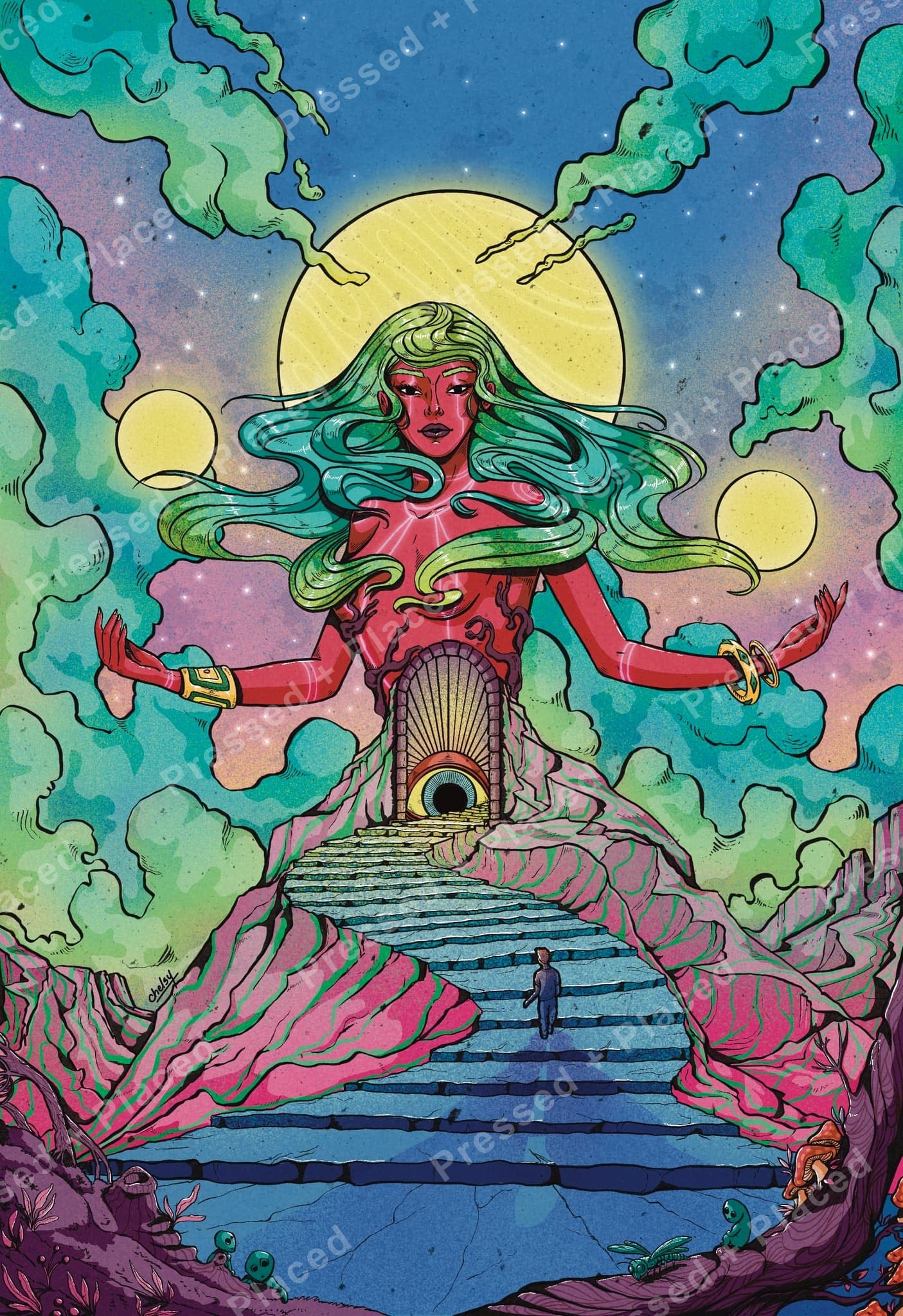 Fantasy goddess with flowing green hair beneath glowing moons and a surreal staircase scene