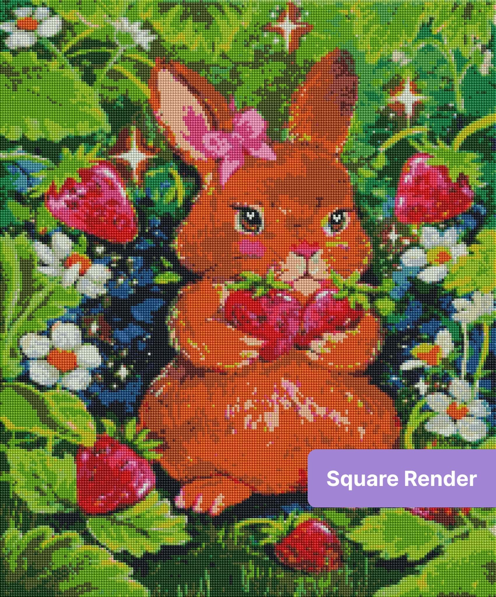 Cute brown bunny with strawberries and flowers in a colorful whimsical style