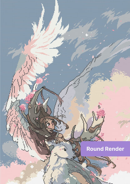 Anime-style angel girl with white deer, flowing wings, and pastel blossoms