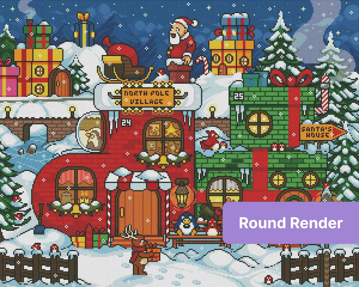 Pixel-style Christmas village with Santa, gifts, snowy houses, and festive North Pole scenery