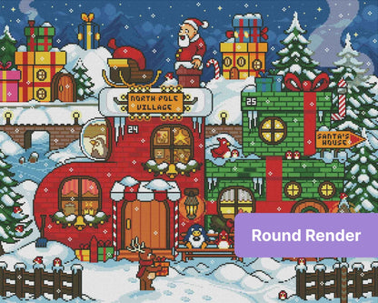 Pixel-style Christmas village with Santa, gifts, snowy houses, and festive North Pole scenery