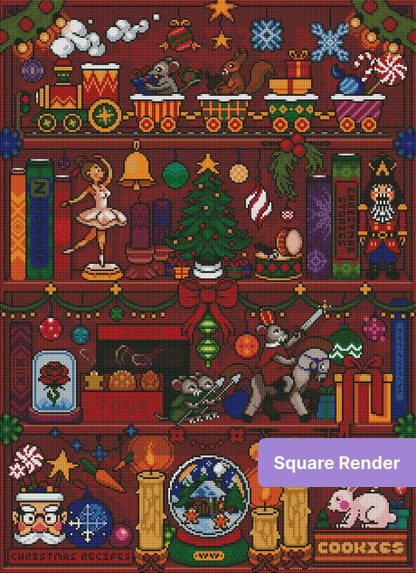 Christmas pixel art shelf scene with ornaments, toys, candles, and festive holiday decorations