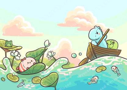 cute aquatic creatures diamond art kit featuring a cheerful frog and boat scene