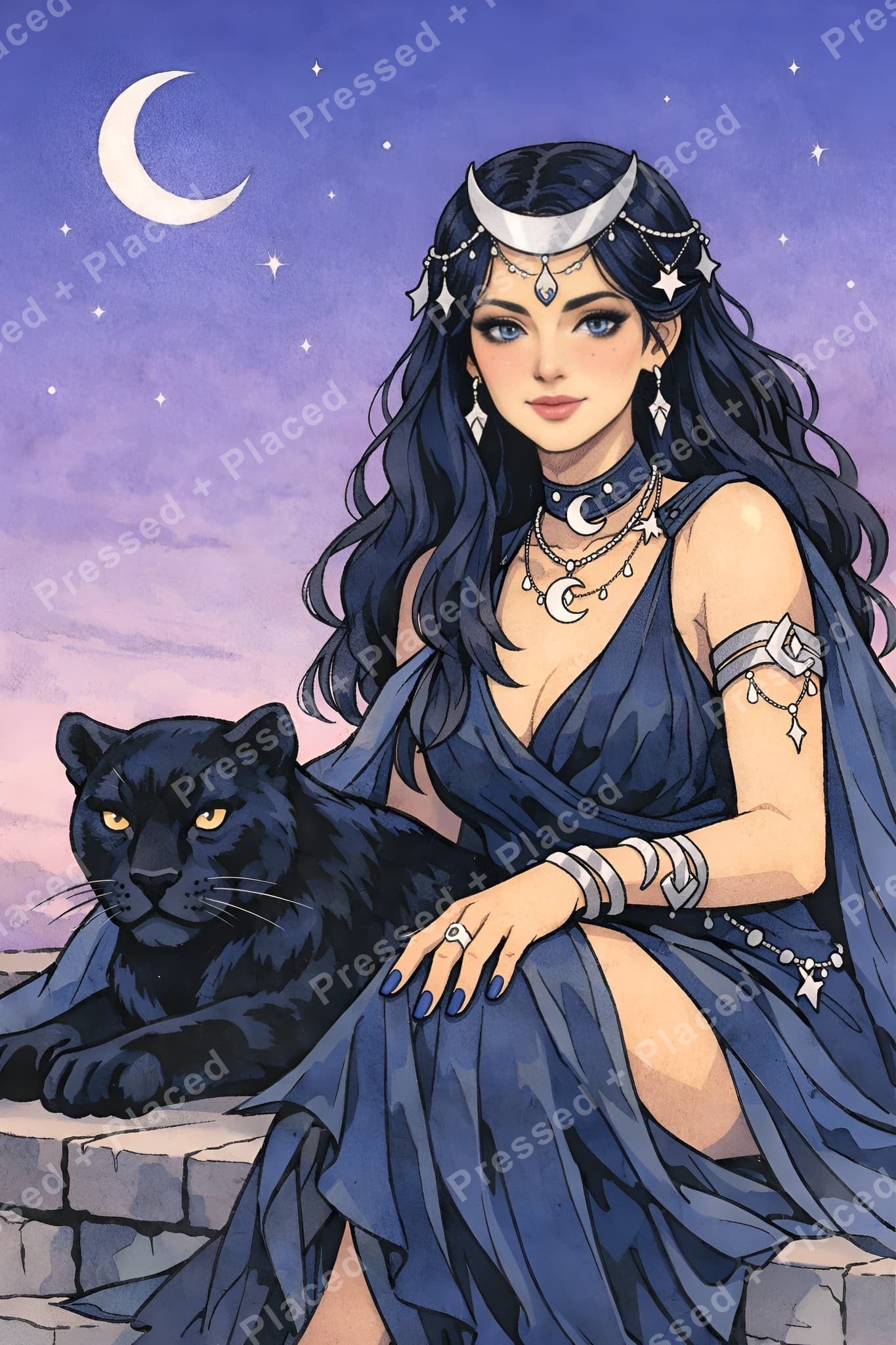 Fantasy moon goddess with black panther, purple sky, and celestial jewelry in anime style