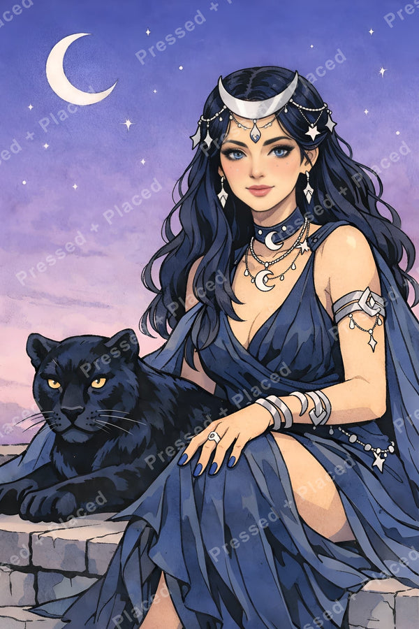 Fantasy moon goddess with black panther, purple sky, and celestial jewelry in anime style