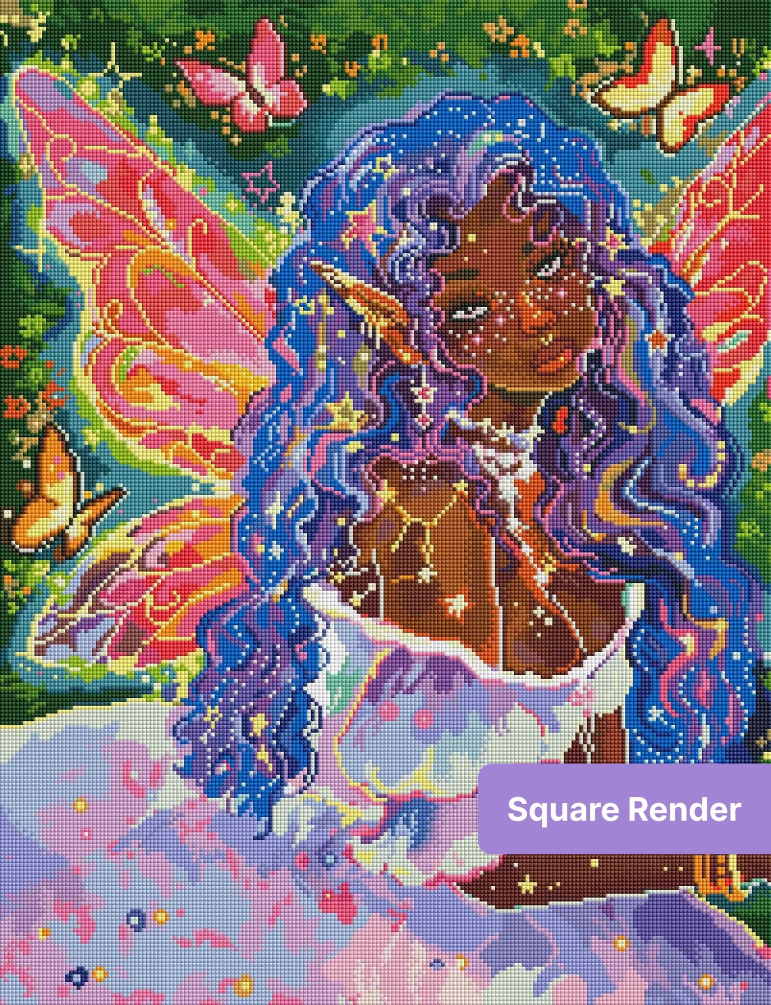 Fantasy fairy girl with purple hair, butterfly wings, and sparkling stars