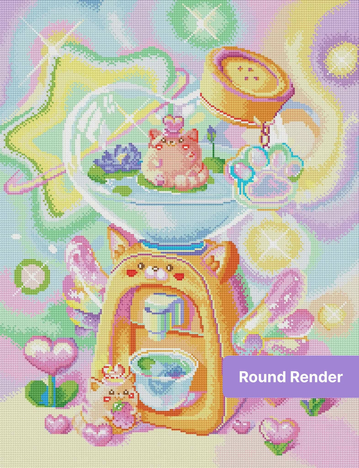 Cute pastel cat-themed diamond painting art with hearts, flowers, and rainbow colors