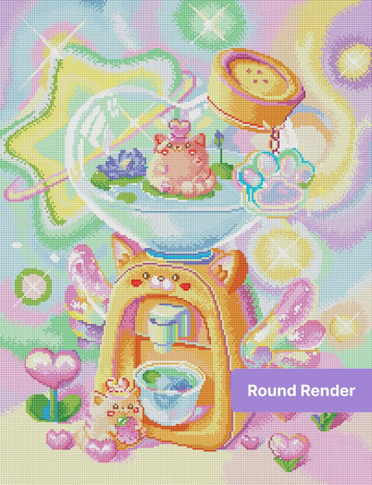 Cute pastel cat-themed diamond painting art with hearts, flowers, and rainbow colors
