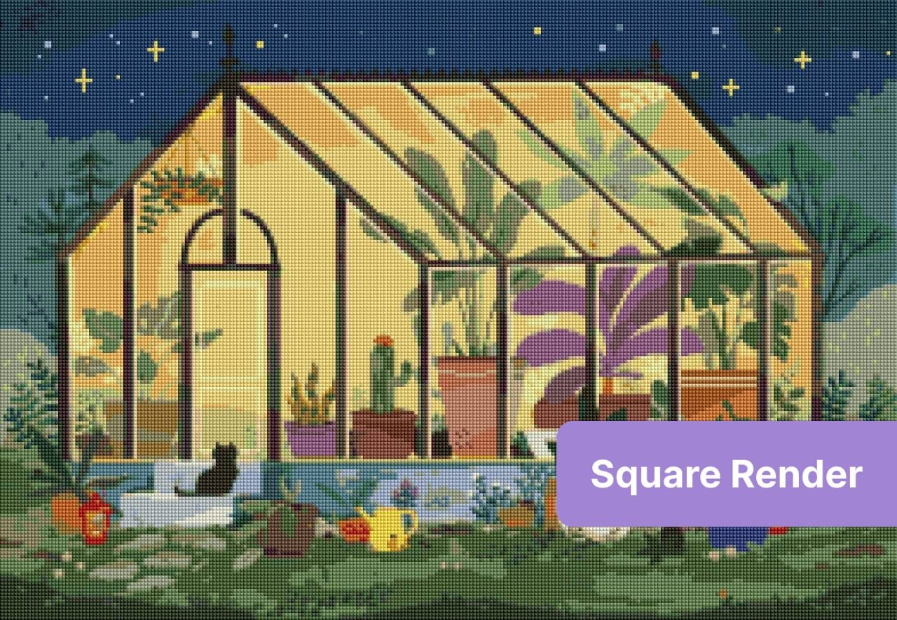 Whimsical greenhouse filled with potted plants under a starry evening sky