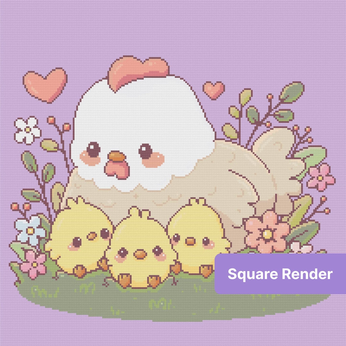 Cute cartoon hen with three chicks, hearts, and flowers on a lavender background