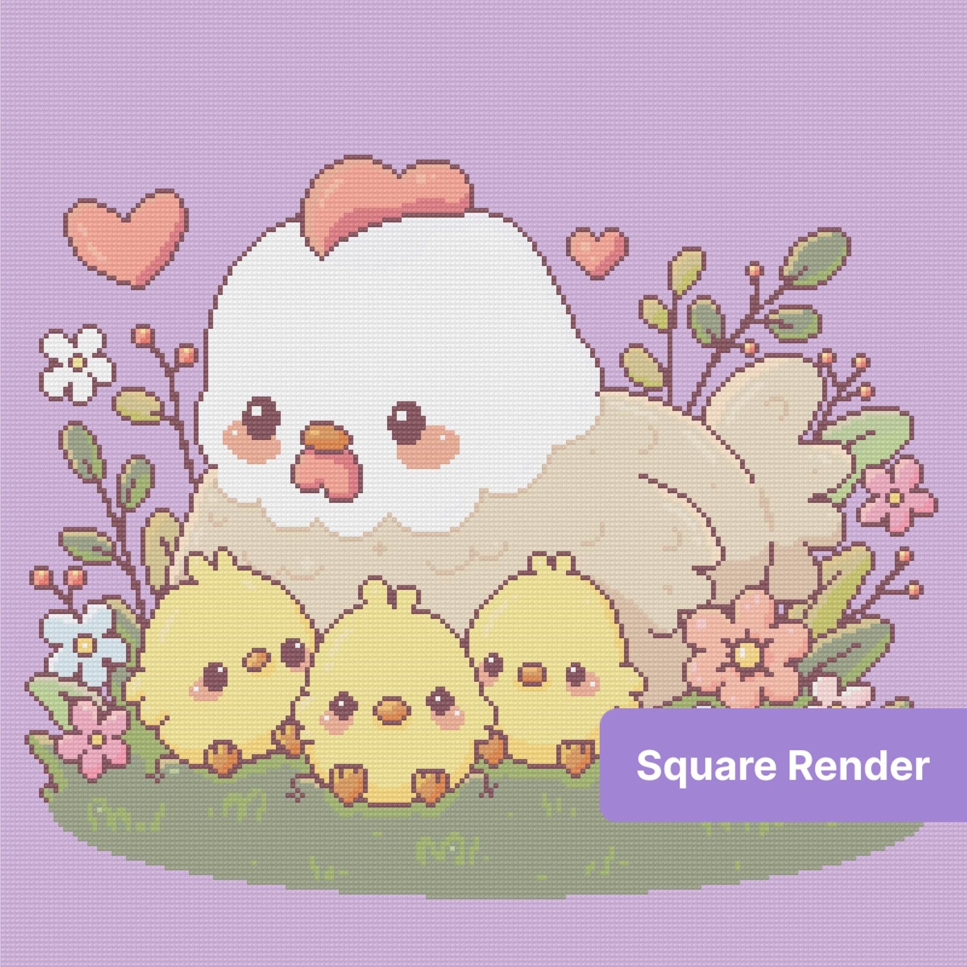 Cute cartoon hen with three chicks, hearts, and flowers on a lavender background