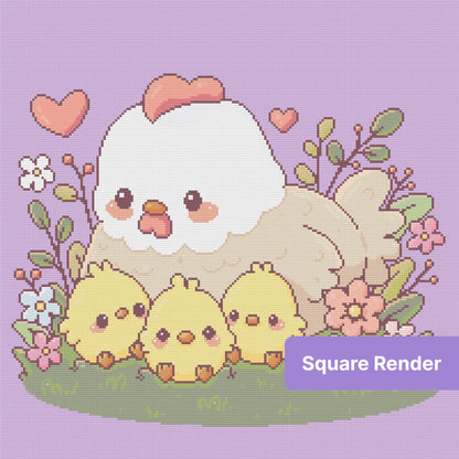 Cute cartoon hen with three chicks, hearts, and flowers on a lavender background