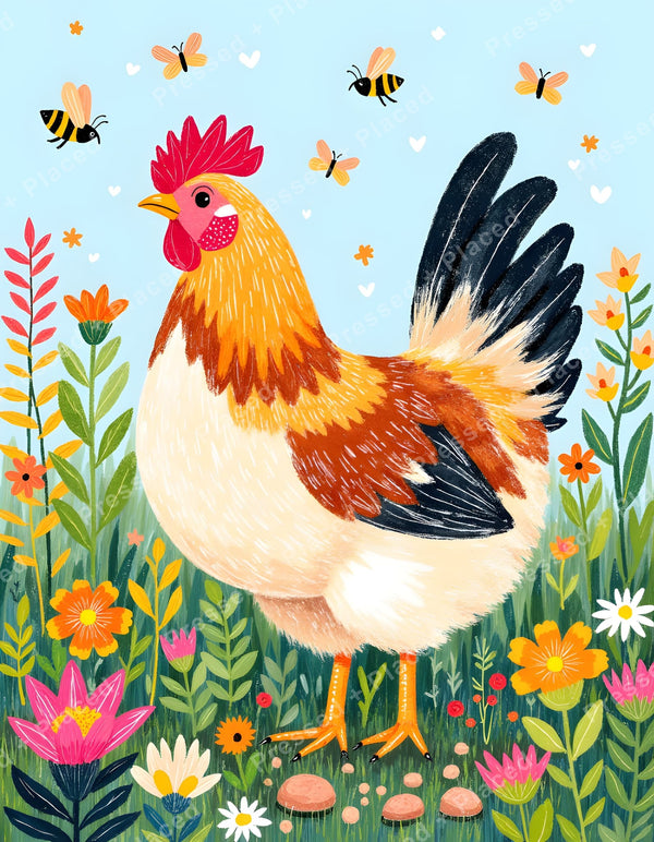 Colorful rooster in a flower garden with butterflies, painted in a whimsical farmhouse style