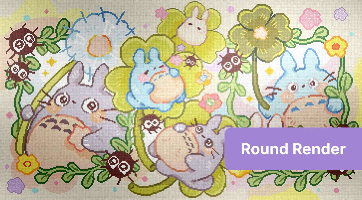 Cute pastel bunny garden scene with flowers, whimsical bugs, and cartoon-style characters