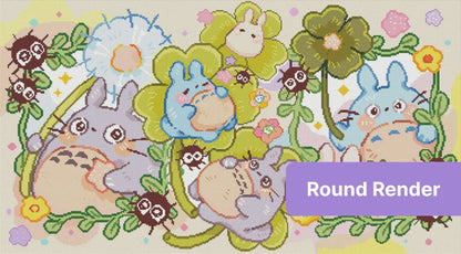 Cute pastel bunny garden scene with flowers, whimsical bugs, and cartoon-style characters