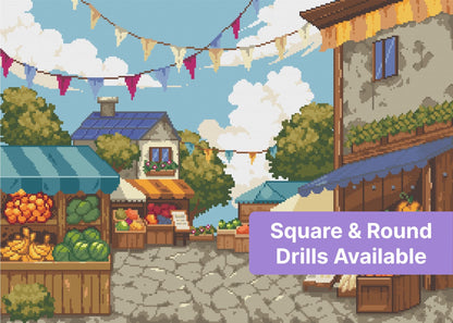 Colorful village market street with produce stalls, rustic houses, and festive bunting under a bright sky