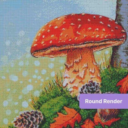 Red mushroom with pinecones and greenery in a whimsical forest-style diamond art design