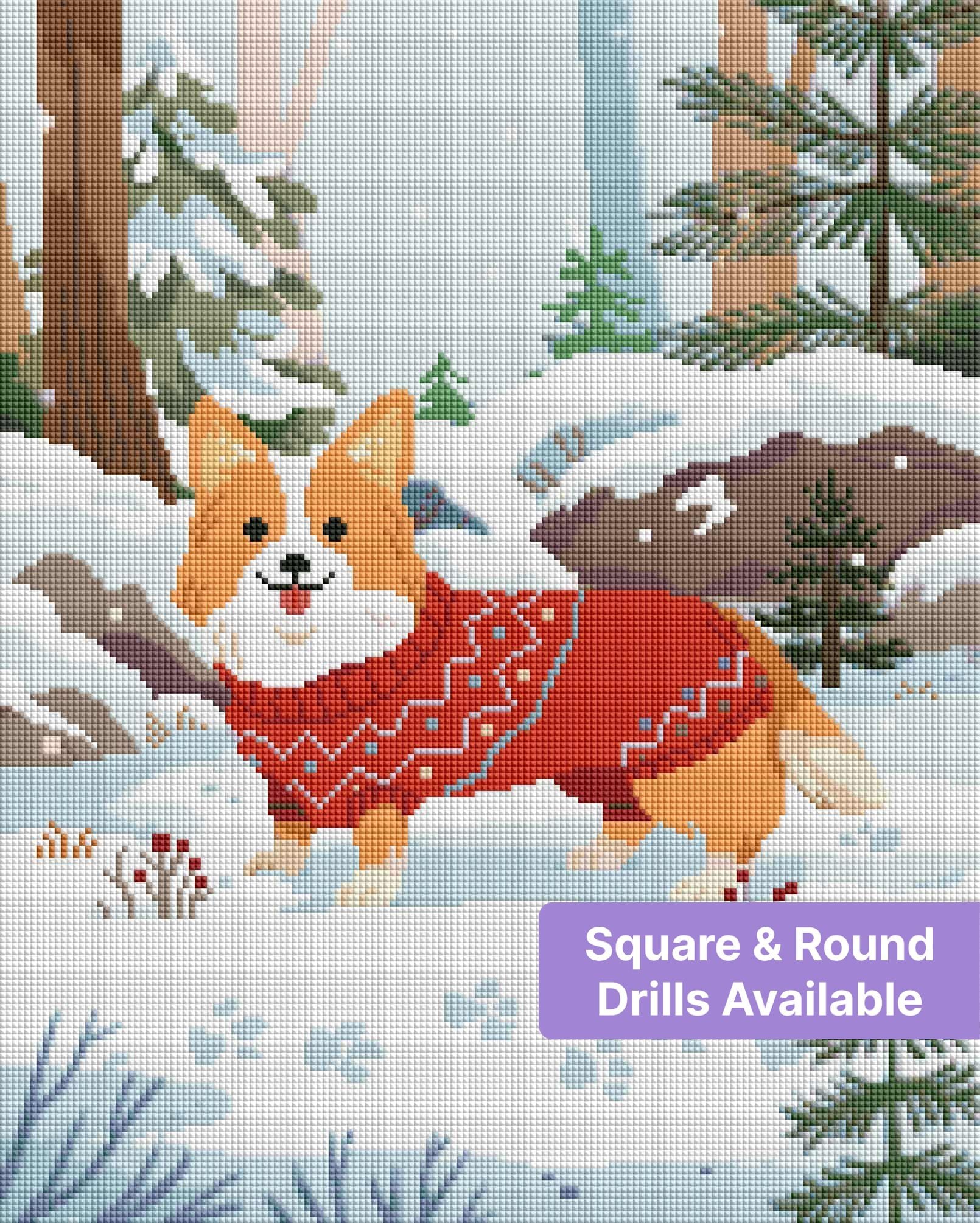 Cute corgi in a red sweater standing in a snowy pine forest, whimsical winter illustration