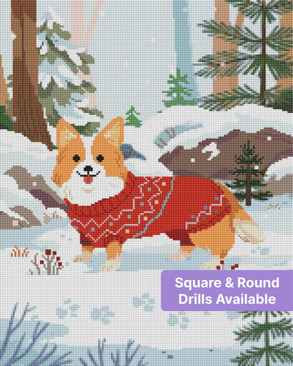 Cute corgi in a red sweater standing in a snowy pine forest, whimsical winter illustration