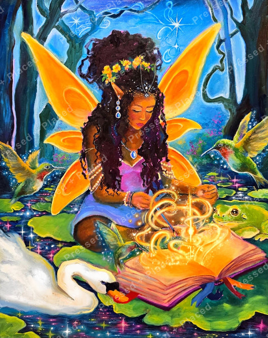 Fairy princess with glowing wings, swans, and hummingbirds in a fantasy pond scene