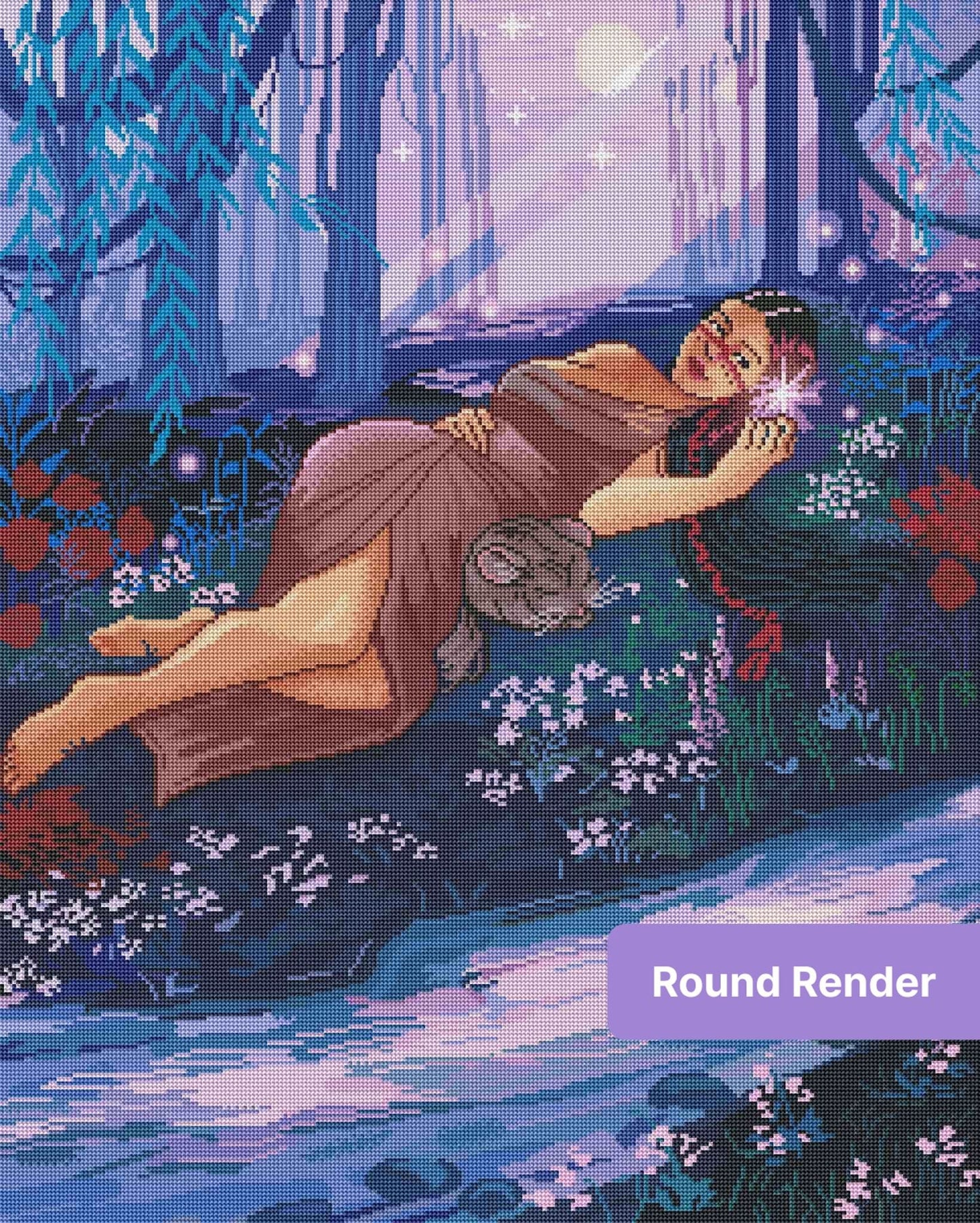 Fantasy woman reclining in a moonlit forest with glowing flowers and soft purple light