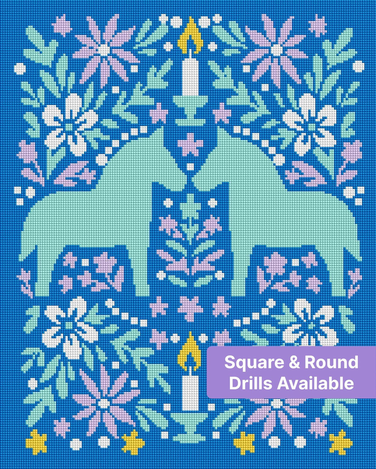 Mirrored horse floral folk art with candles on a blue background