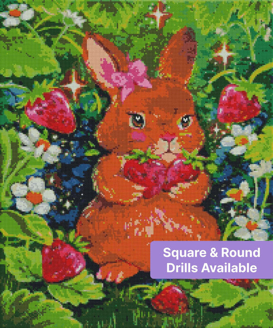 Cute brown bunny with strawberries and flowers in a colorful whimsical style
