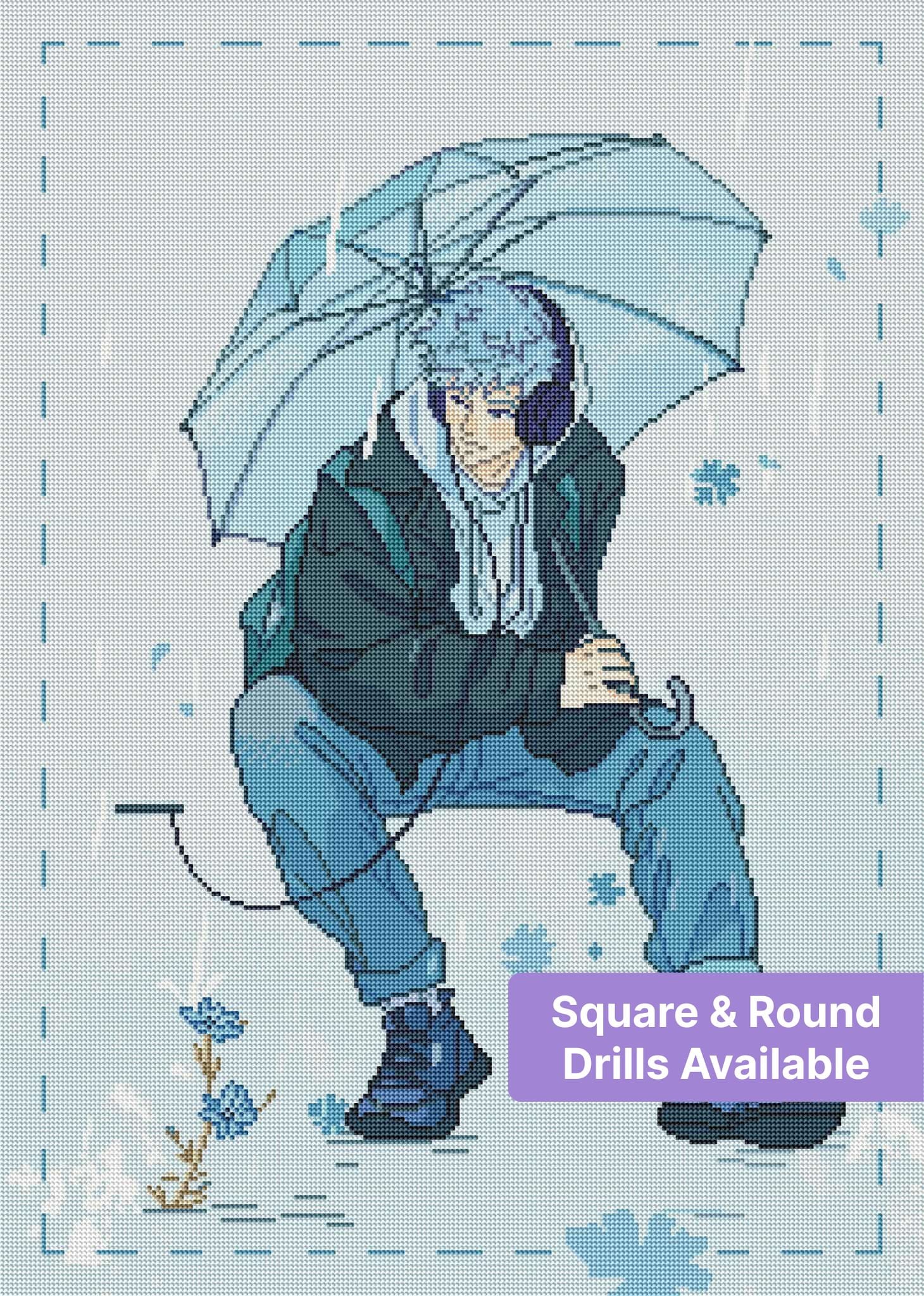 Anime boy sitting under a clear umbrella in cool blue tones, modern illustration style