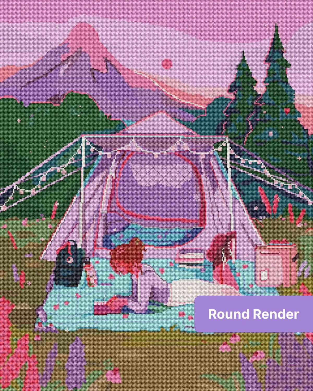 Pastel camping scene with pink tent, string lights, mountains, and a woman reading outdoors