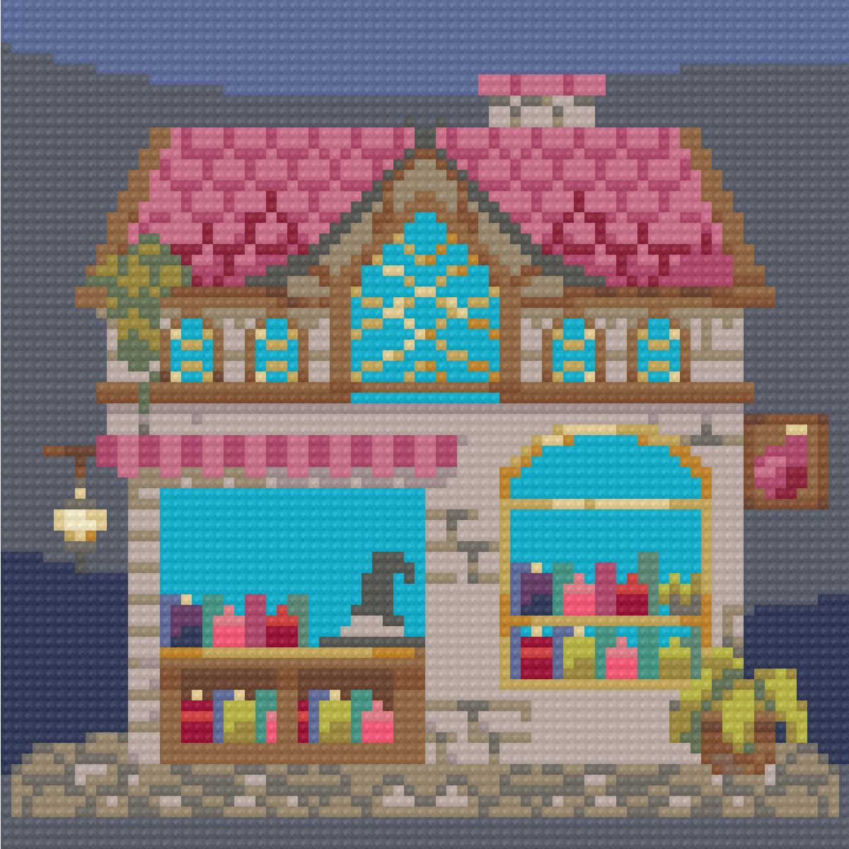 Four fantasy apothecary diamond art scenes with potion bottles, shelves, pumpkins, and magical decor