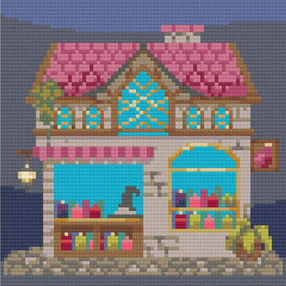 Four fantasy apothecary diamond art scenes with potion bottles, shelves, pumpkins, and magical decor