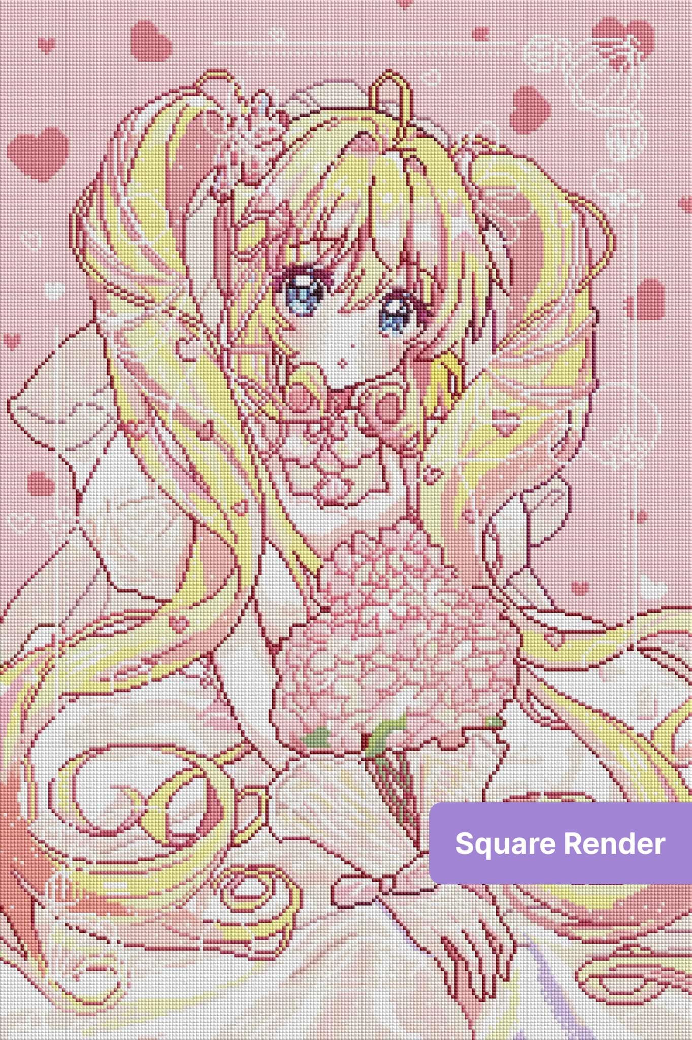 Cute anime girl with blonde twin tails, pastel flowers, and soft pink heart accents