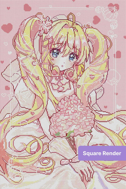 Cute anime girl with blonde twin tails, pastel flowers, and soft pink heart accents
