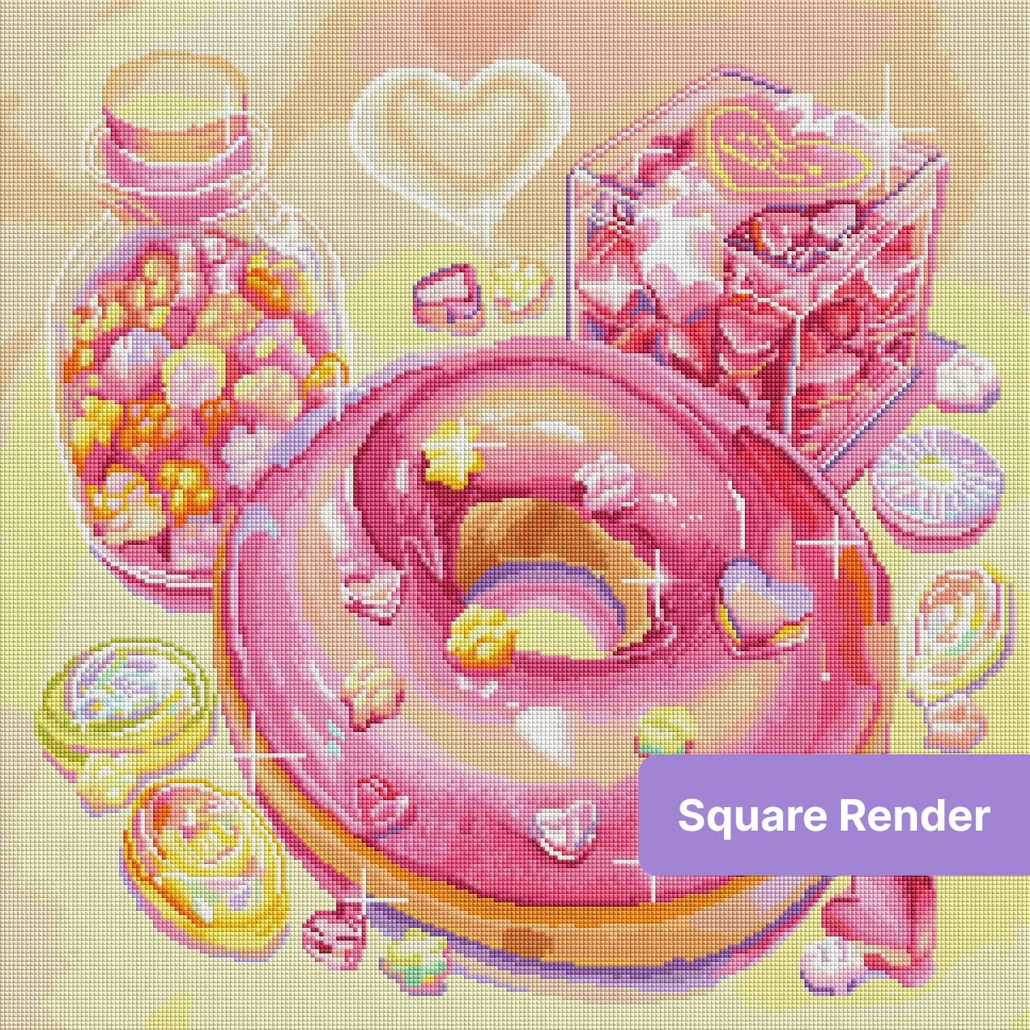 Pastel candy-themed diamond art with hearts, donut, and sweet jar decor