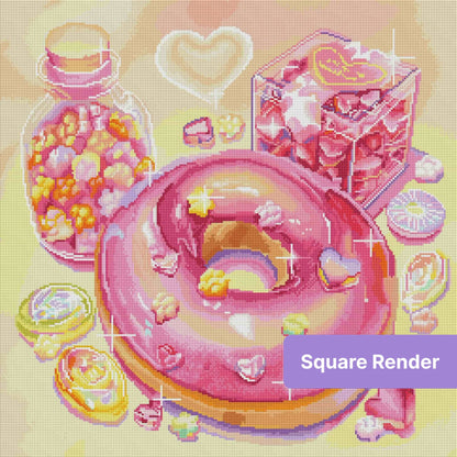 Pastel candy-themed diamond art with hearts, donut, and sweet jar decor