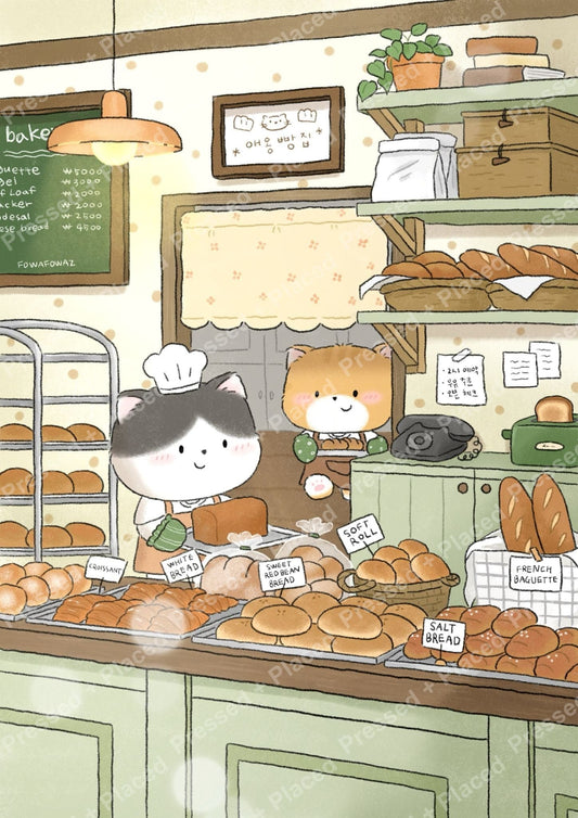 Cute cat bakers in a cozy bakery with fresh bread, pastries, and warm pastel décor