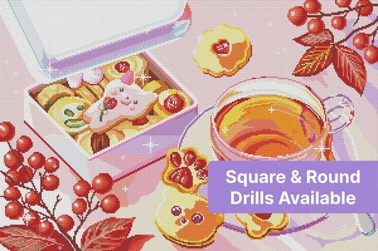 Pastel tea and cookie diamond painting design with autumn berries and sweet dessert details