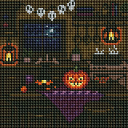 Halloween diamond painting kit with four cozy pumpkin cottage scenes and dark autumn colors