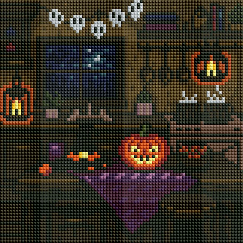 Halloween diamond painting kit with four cozy pumpkin cottage scenes and dark autumn colors