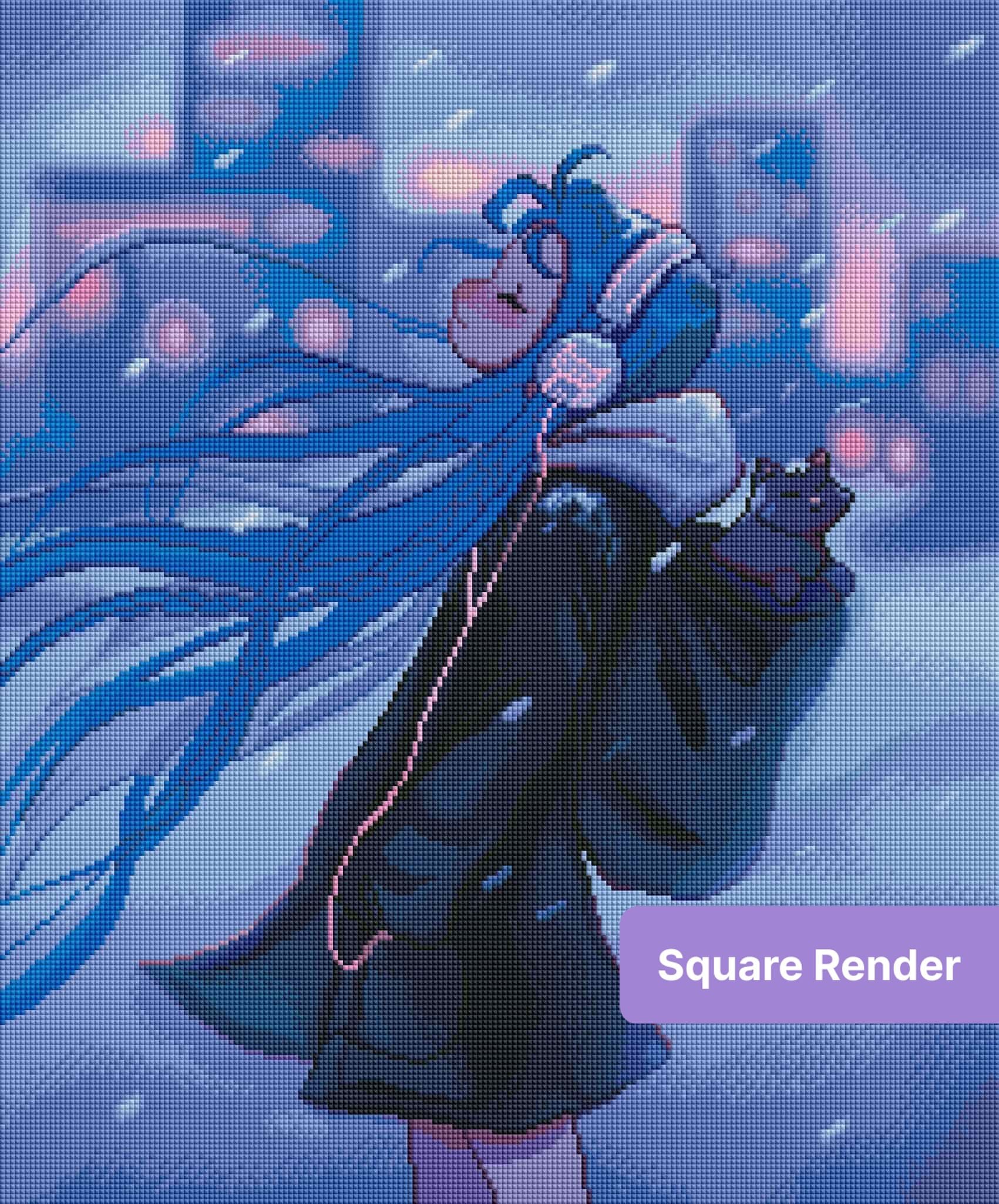 Anime-style girl with flowing blue hair, headphones, and a small cat in a snowy blue scene