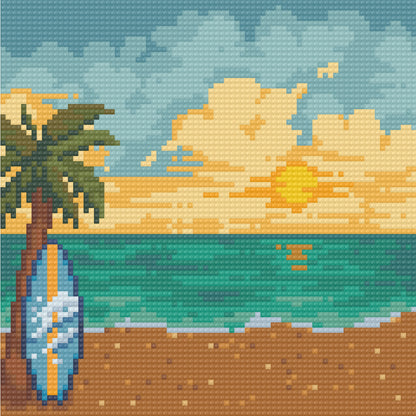 Four-panel Italian summer diamond art scenes with beach, café, village, and seaside views