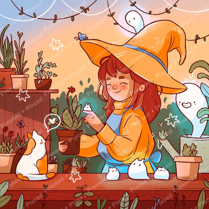 Cute cartoon witch girl in orange hat with potted plants and whimsical garden companions