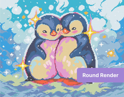 Two cute baby penguins in a pastel watercolor style with sparkling stars and blue background