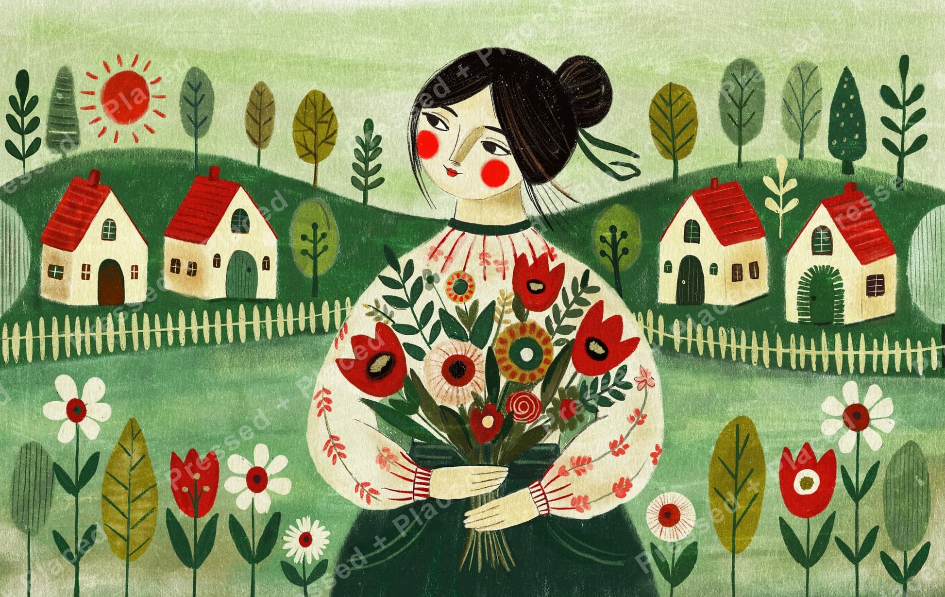 Folk art girl holding flowers in a whimsical village landscape with red-roofed houses and green hills