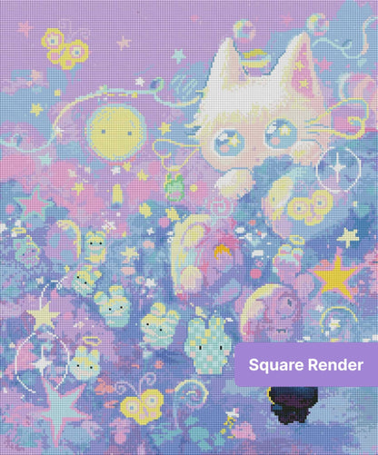 Pastel kawaii cat surrounded by stars, planets, and whimsical fantasy characters